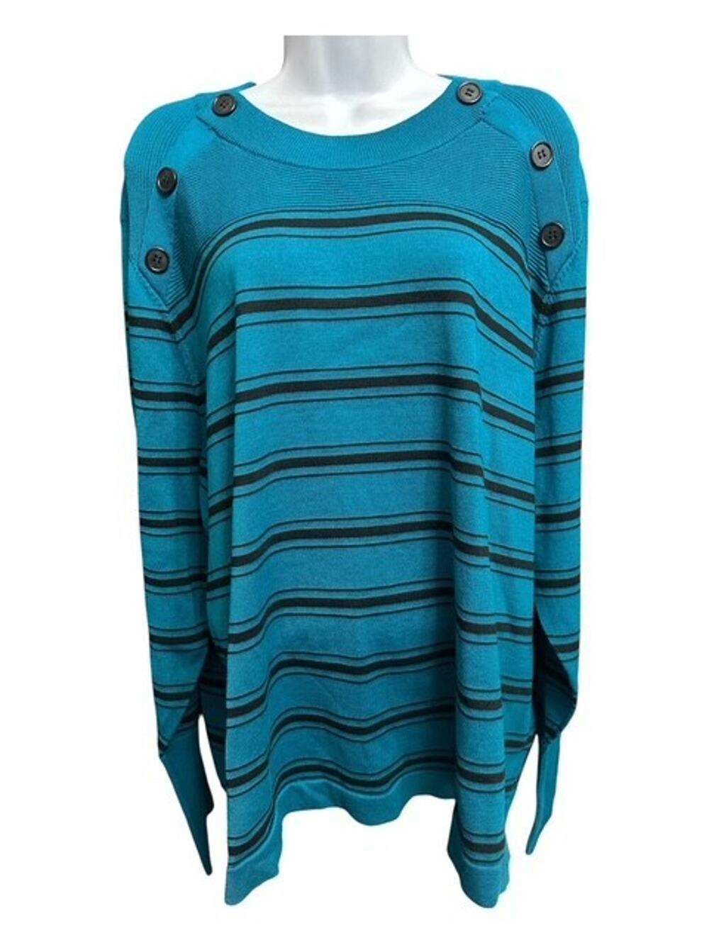 Liz Claiborne 3X Sweater Teal Blue Black Striped Stretch Tight Knit Crew Neck